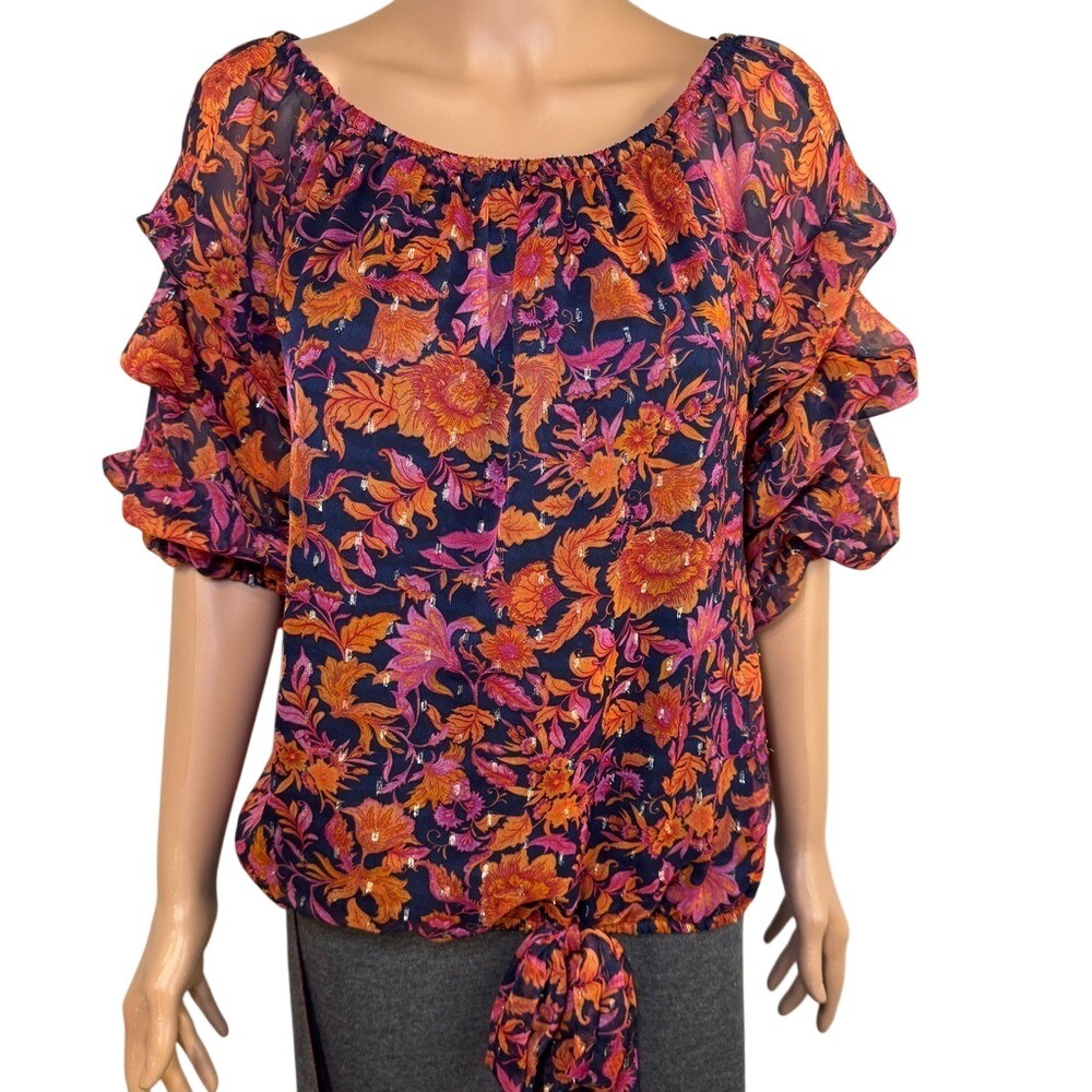 CeCe Orange & Navy Floral‎ Tiered Ruffle Sleeve Tie Waist Top Blouse Shirt Small
